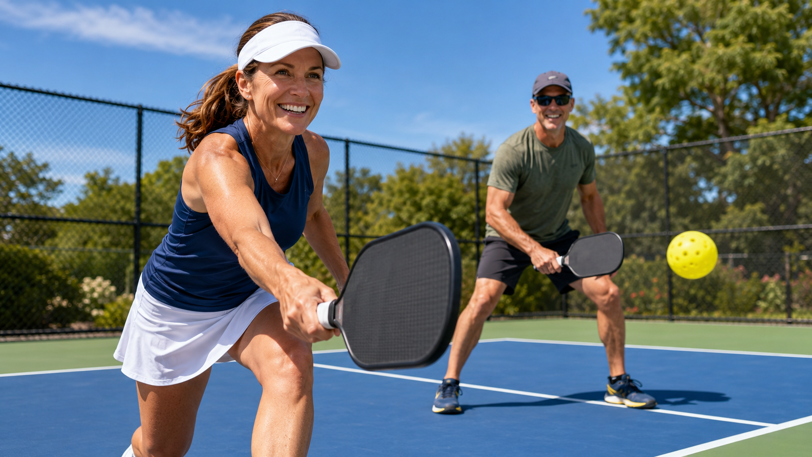 Two players enjoying pickleball on a sunny outdoor court
