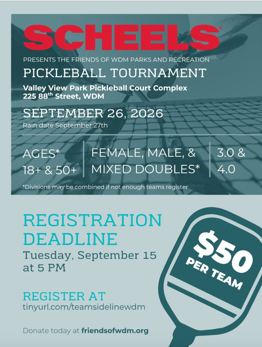 West Des Moines pickleball tournament flyer